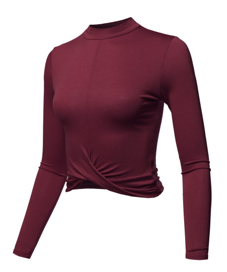 Women's Casual Basic Solid Mock Neck Front Twisted Knot Ties Long Sleeve Crop Top