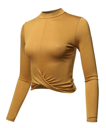 Women's Casual Basic Solid Mock Neck Front Twisted Knot Ties Long Sleeve Crop Top