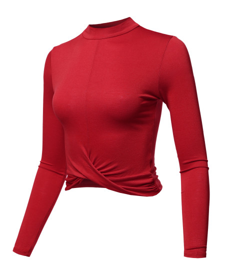 Women's Casual Basic Solid Mock Neck Front Twisted Knot Ties Long Sleeve Crop Top