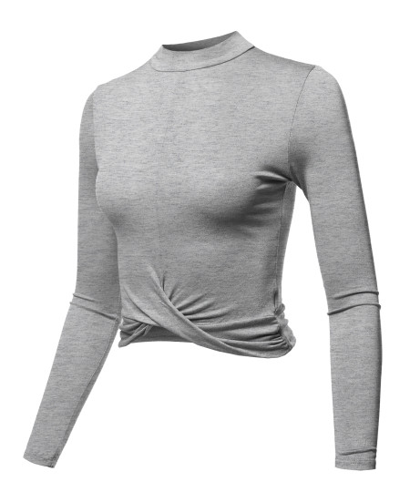 Women's Casual Basic Solid Mock Neck Front Twisted Knot Ties Long Sleeve Crop Top