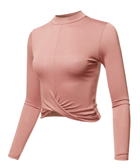 Women's Casual Basic Solid Mock Neck Front Twisted Knot Ties Long Sleeve Crop Top