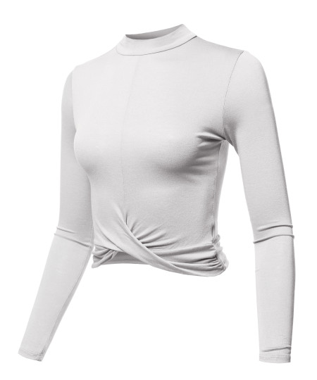 Women's Casual Basic Solid Mock Neck Front Twisted Knot Ties Long Sleeve Crop Top