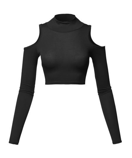 Women's Junior Fit Cut Sexy Plain Turtle Neck Open Shoulder Long Sleeve Crop Top