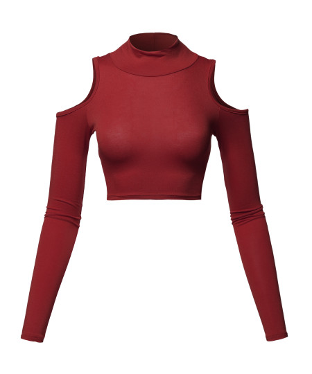 Women's Junior Fit Cut Sexy Plain Turtle Neck Open Shoulder Long Sleeve Crop Top