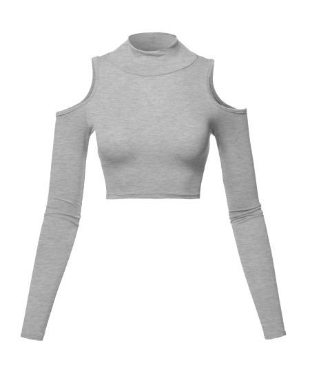 Women's Junior Fit Cut Sexy Plain Turtle Neck Open Shoulder Long Sleeve Crop Top