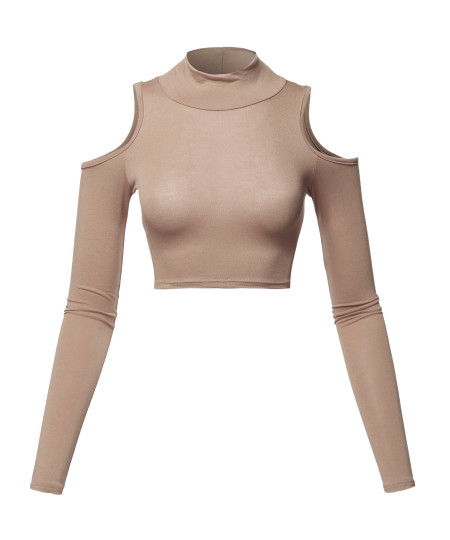 Women's Junior Fit Cut Sexy Plain Turtle Neck Open Shoulder Long Sleeve Crop Top