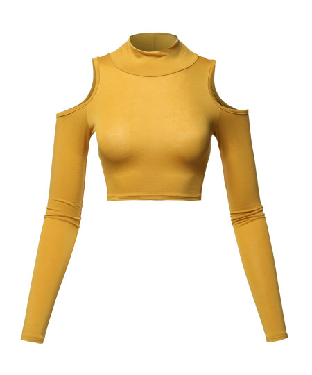 Women's Junior Fit Cut Sexy Plain Turtle Neck Open Shoulder Long Sleeve Crop Top