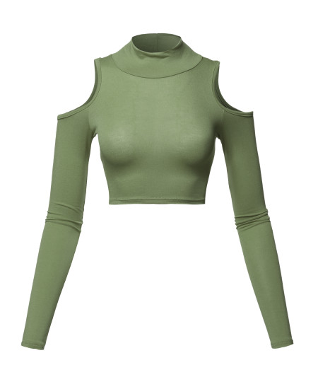 Women's Junior Fit Cut Sexy Plain Turtle Neck Open Shoulder Long Sleeve Crop Top