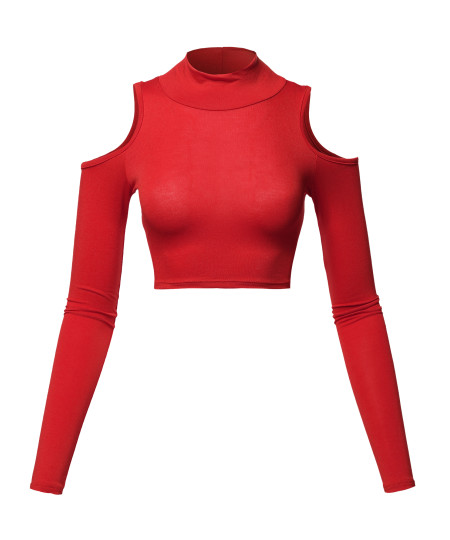 Women's Junior Fit Cut Sexy Plain Turtle Neck Open Shoulder Long Sleeve Crop Top