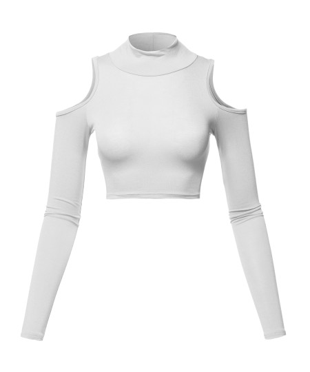 Women's Junior Fit Cut Sexy Plain Turtle Neck Open Shoulder Long Sleeve Crop Top