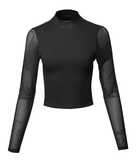 Women's Casual Sexy Mock Neck Mesh Long Sleeve Top