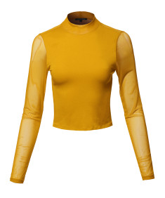 Women's Casual Sexy Mock Neck Mesh Long Sleeve Top