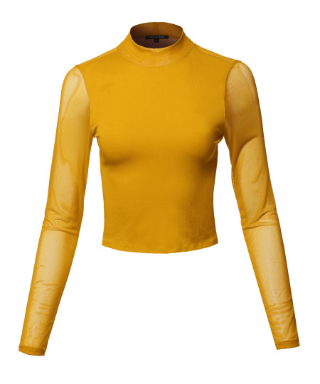 Women's Casual Sexy Mock Neck Mesh Long Sleeve Top