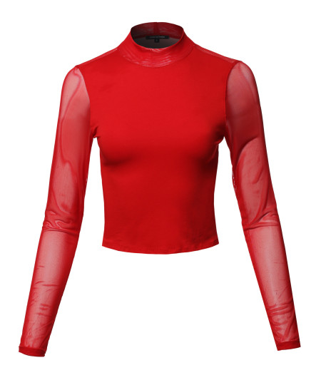 Women's Casual Sexy Mock Neck Mesh Long Sleeve Top