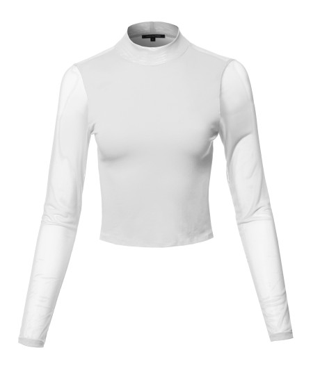 Women's Casual Sexy Mock Neck Mesh Long Sleeve Top