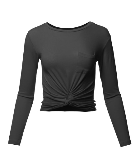 Women's Casual Basic Solid  Round Neck Front Twisted Knot Ties Long Sleeve Crop Top