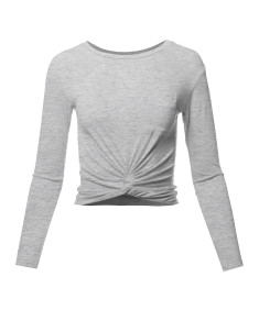 Women's Casual Basic Solid  Round Neck Front Twisted Knot Ties Long Sleeve Crop Top