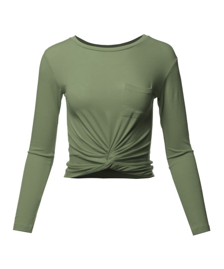 Women's Casual Basic Solid  Round Neck Front Twisted Knot Ties Long Sleeve Crop Top