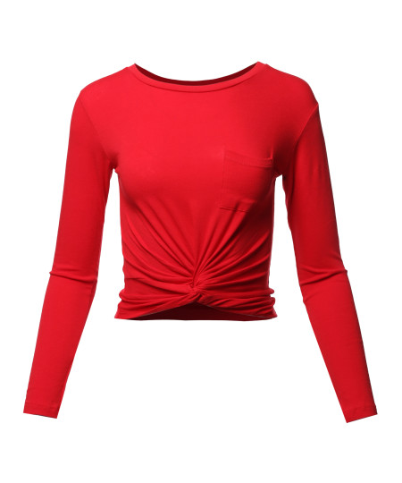 Women's Casual Basic Solid  Round Neck Front Twisted Knot Ties Long Sleeve Crop Top