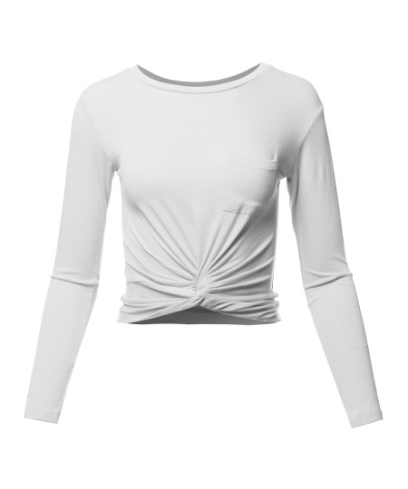 Women's Casual Basic Solid  Round Neck Front Twisted Knot Ties Long Sleeve Crop Top