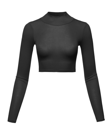 Women's Casual Fitted Mock Neck Long Sleeves Crop Top