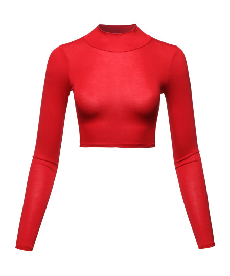 Women's Casual Fitted Mock Neck Long Sleeves Crop Top