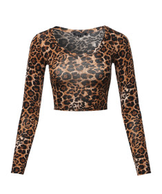 Women's Print Long Sleeve Round-Neck Crop Top