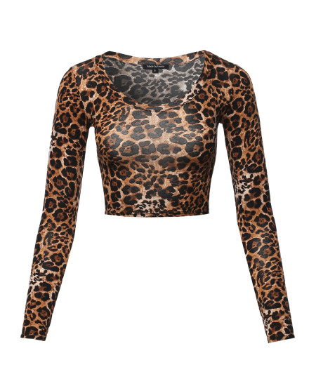 Women's Print Long Sleeve Round-Neck Crop Top