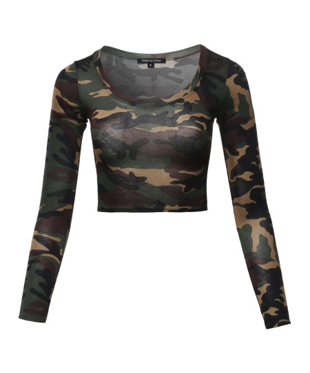 Women's Print Long Sleeve Round-Neck Crop Top