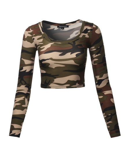 Women's Print Long Sleeve Round-Neck Crop Top