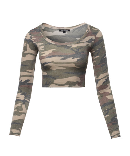 Women's Print Long Sleeve Round-Neck Crop Top