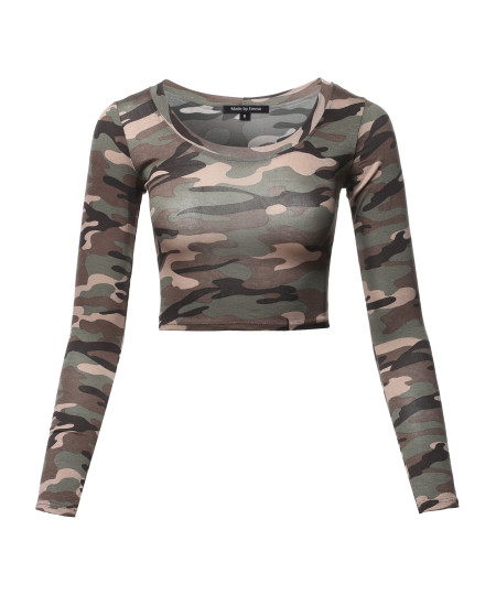 Women's Print Long Sleeve Round-Neck Crop Top