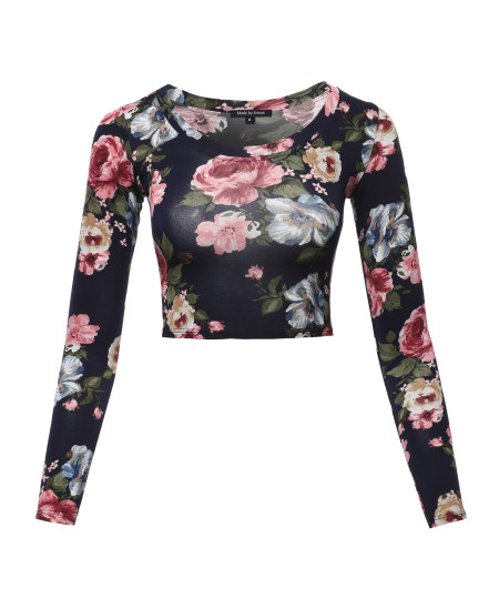 Women's Print Long Sleeve Round-Neck Crop Top