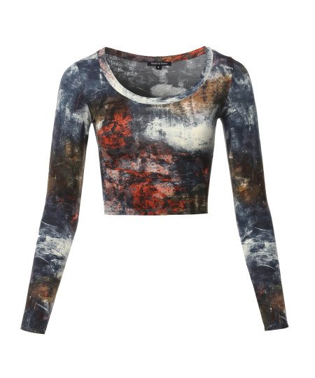 Women's Print Long Sleeve Round-Neck Crop Top