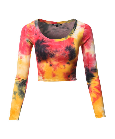 Women's Print Long Sleeve Round-Neck Crop Top