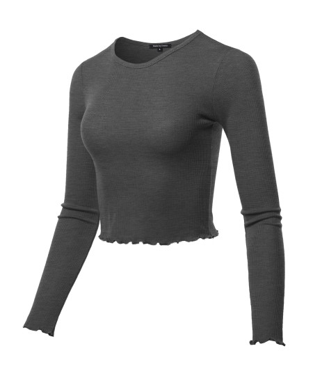 Women's Casual Long Sleeve Thermal Crew Neck Crop Top With Merrow Edge