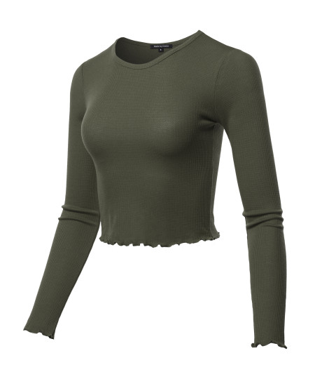 Women's Casual Long Sleeve Thermal Crew Neck Crop Top With Merrow Edge