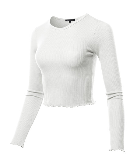 Women's Casual Long Sleeve Thermal Crew Neck Crop Top With Merrow Edge