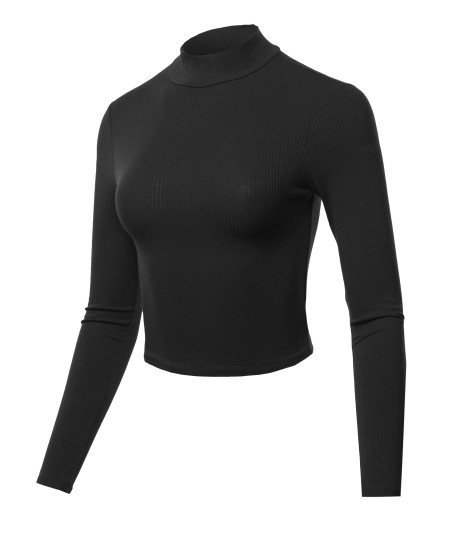 Women's Solid Ribbed Mock Neck Long Sleeve Basic Crop Top