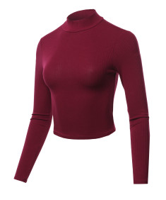 Women's Solid Ribbed Mock Neck Long Sleeve Basic Crop Top