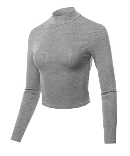 Women's Solid Ribbed Mock Neck Long Sleeve Basic Crop Top