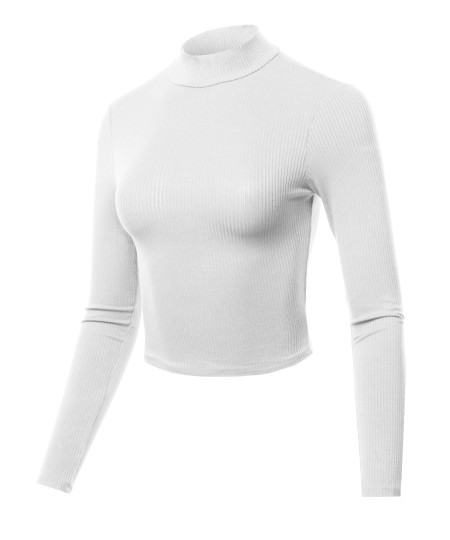 Women's Solid Ribbed Mock Neck Long Sleeve Basic Crop Top