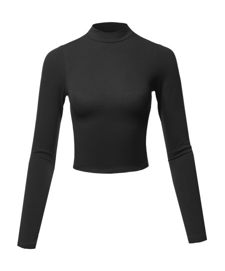 Women's Solid Cotton Mock Neck Long Sleeve Basic Crop Top