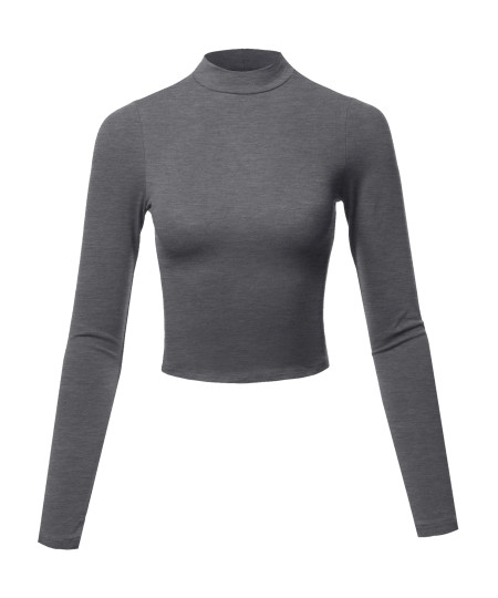 Women's Solid Cotton Mock Neck Long Sleeve Basic Crop Top