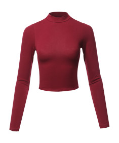 Women's Solid Cotton Mock Neck Long Sleeve Basic Crop Top