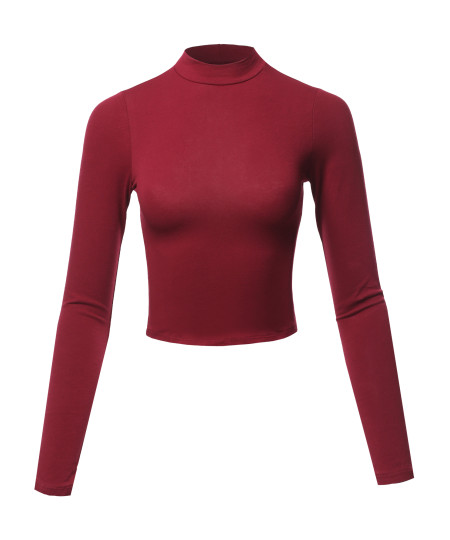 Women's Solid Cotton Mock Neck Long Sleeve Basic Crop Top