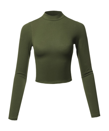 Women's Solid Cotton Mock Neck Long Sleeve Basic Crop Top