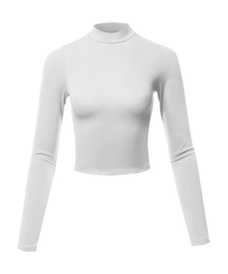 Women's Solid Cotton Mock Neck Long Sleeve Basic Crop Top