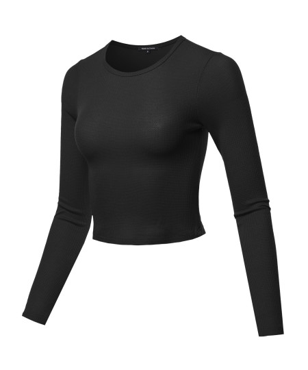 Women's Solid Long Sleeves Thermal Crop Top