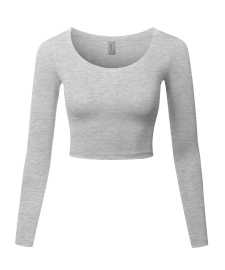 Women's Made in USA Basic Casual Solid Stretchable Scoop Neck Long Sleeve Crop Top